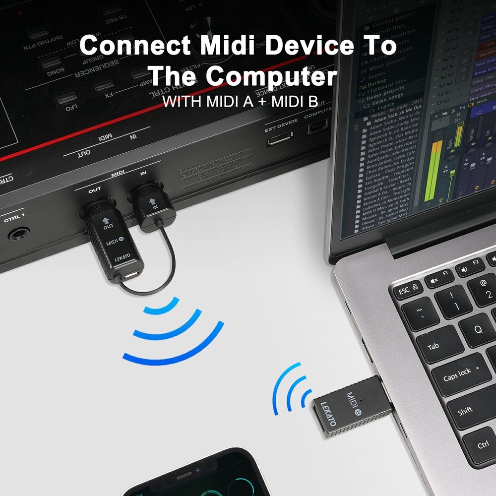 LEKATO Wireless MIDI Adapter Wireless 5 PIN USB MIDI Interface Ultra Low Latency