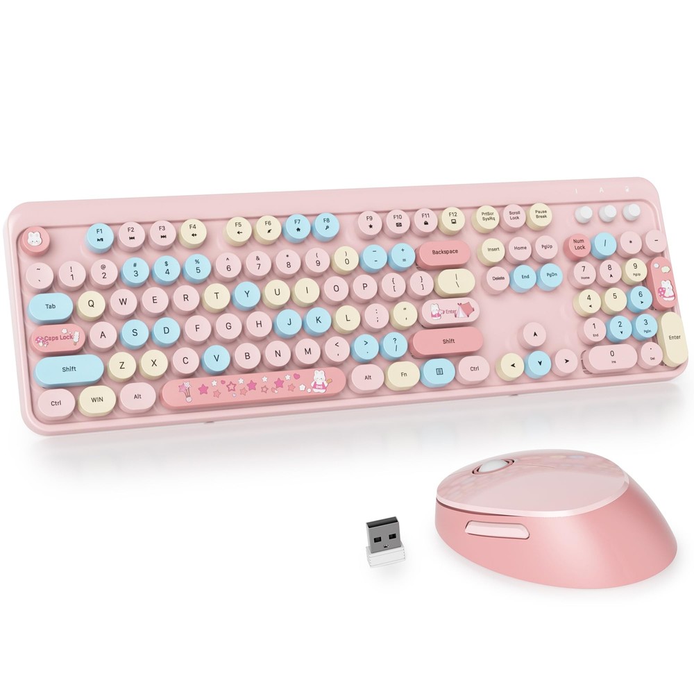 Pink Typewriter Keyboard and Mouse Combo 2.4GHz Wireless Full-Size Cute