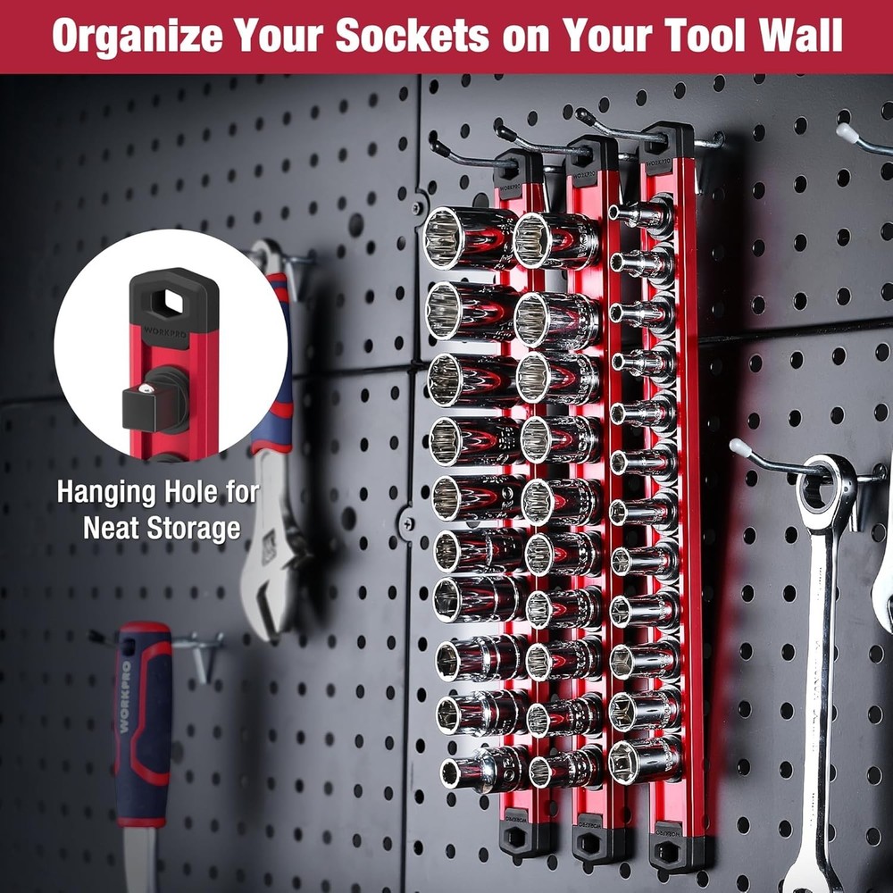 1/4-Inch Drive Magnetic Socket Rail with 12 Clips - Efficient Storage