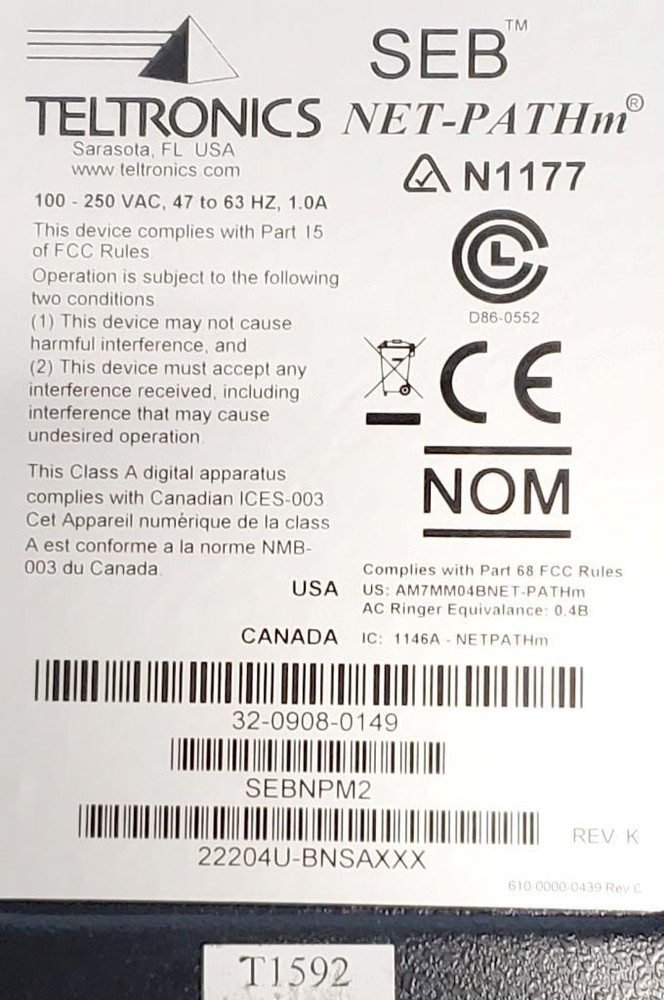 Teltronics SEBNPM2 Site Event Buffer Net-Pathm 100-250VAC 47-63Hz 1A N1177