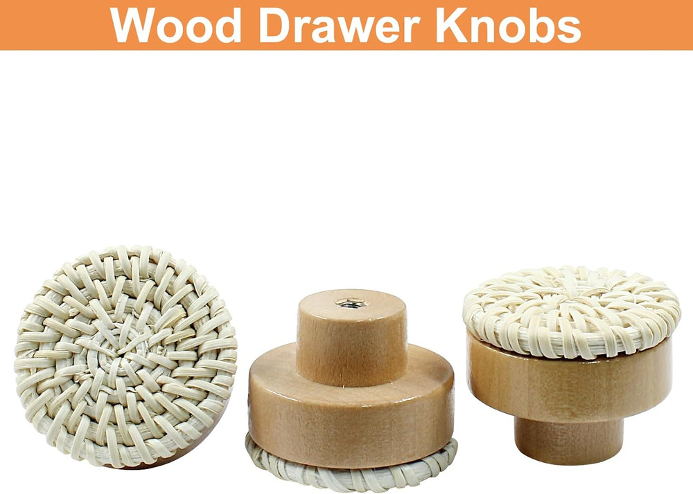 12pcs Rattan Dresser Knobs - Boho Wicker Drawer Knobs, Natural Wooden Decorative