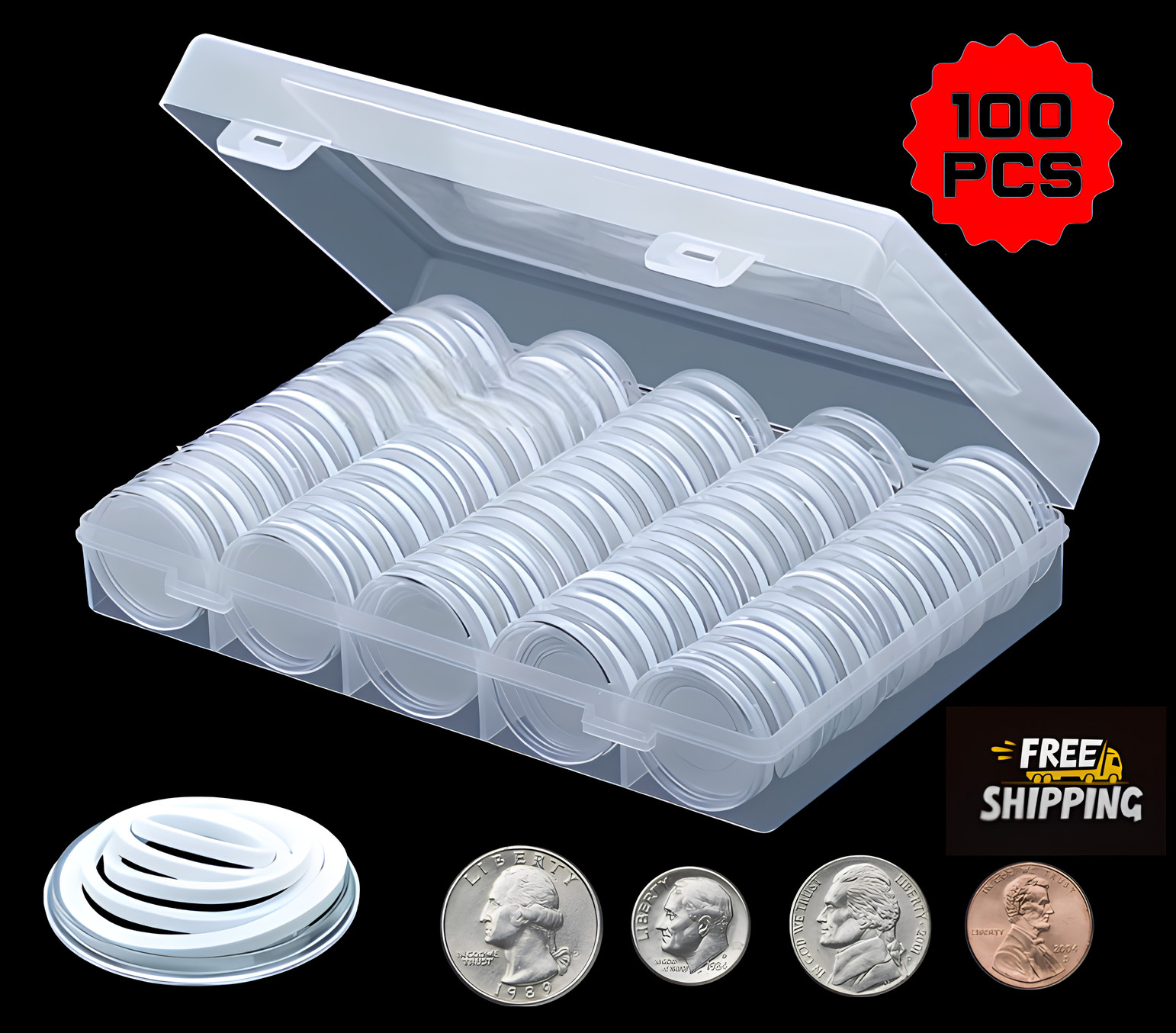 100 PCS 30MM Clear Round Coin Capsules Plastic Coin Holders &White Gaskets & Box