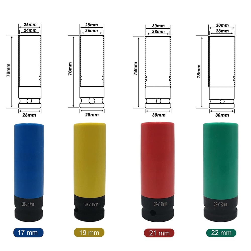 ACEBON 1/2 Inch Drive Wheel Protector Impact Socket, Thin Wall Deep 4 PCS