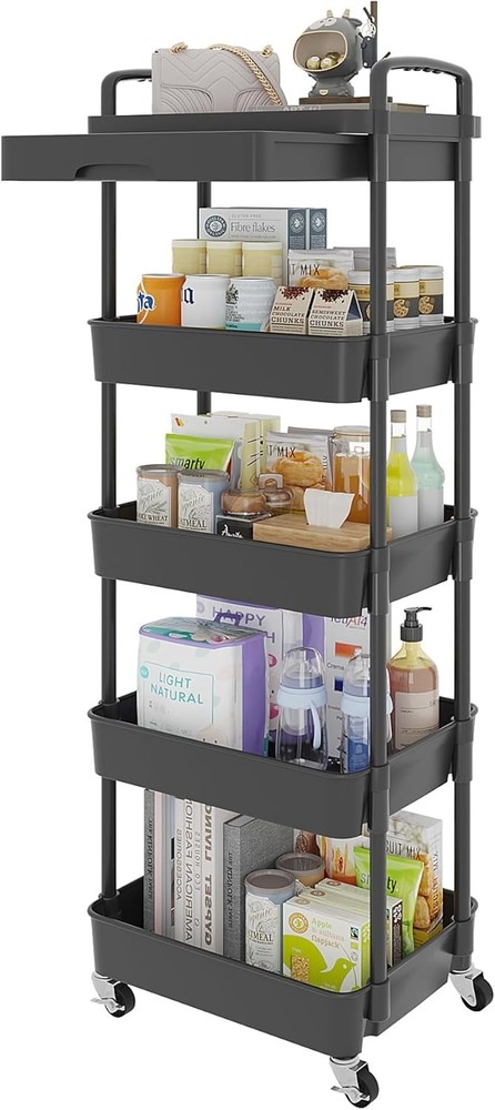5-Tier Black Rolling Utility Cart with Drawer – Multifunctional Storage Solution