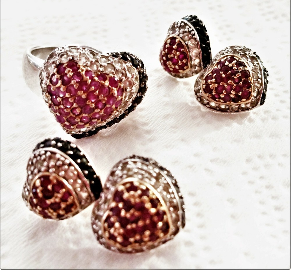 925 Sterling Silver STEMP NATURAL GEMSTONE RUBY HEART SET Earrings/ Ring 8.75