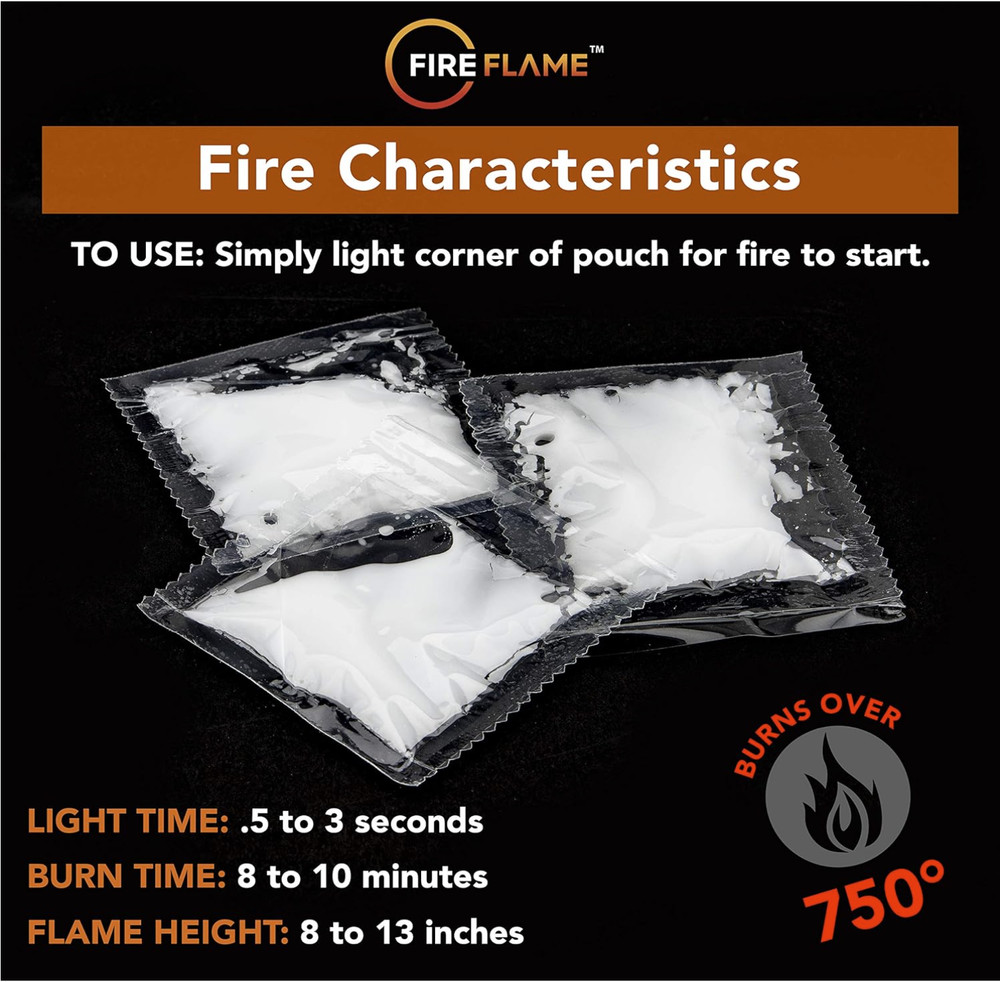 100 Pouches Fireflame Quick Instant Fire Starter - 100% Waterproof, Odorless