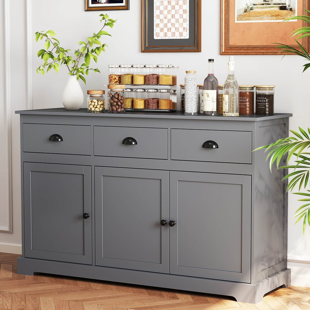 3 Drawers Sideboard Buffet Cabinet Console Table Kitchen Storage Cupboard Gray