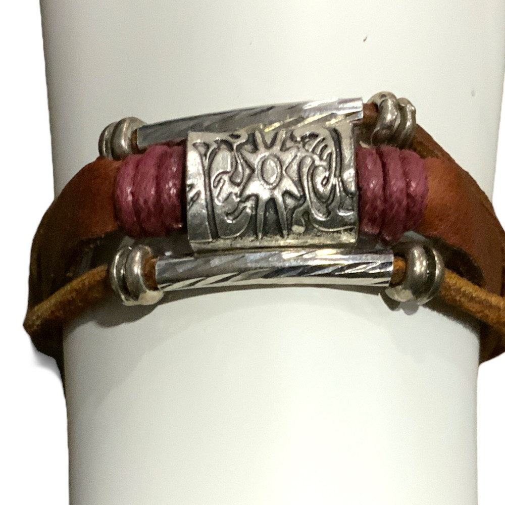 Sun Medallion Genuine Leather Multi Strand Zen Bracelet Adjustable Drawstrings