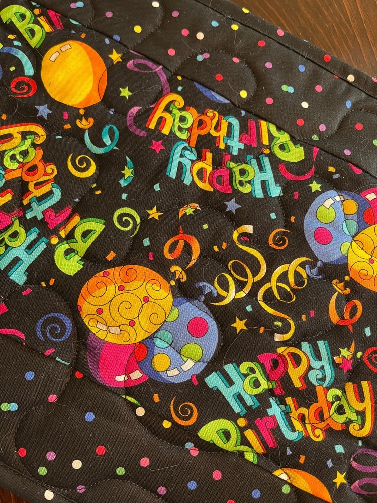 Handcrafted-Quilted Table Runner-HappyBirthday-Balloons, Multi-Colored, Dots