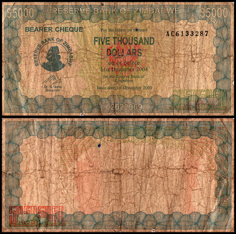 Zimbabwe 5000 Dollars Bearer Cheque, 2003, P-21, Damaged