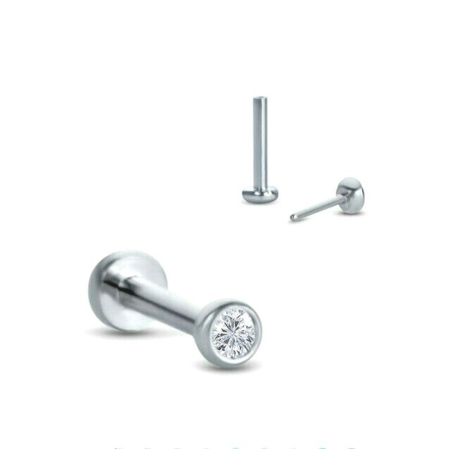 20G 1/4 2MM 3MM CZ THREADLESS SNAP PUSH IN STEEL LABRET RING FLAT BACK STUD