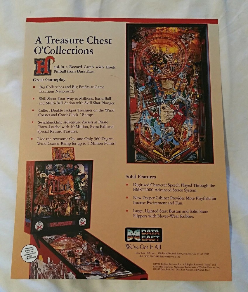 Hook Original Pinball Machine Flyer 1992 Data East NOS