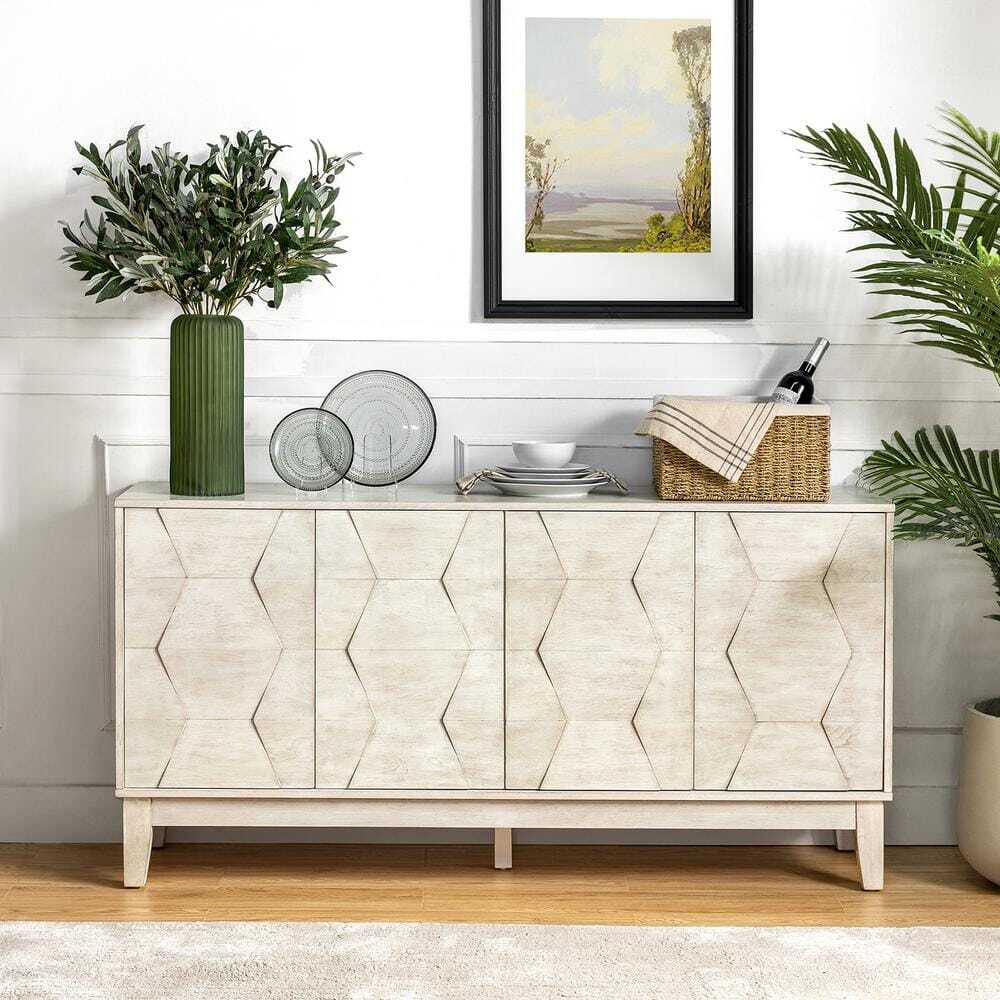 Modern Sideboard Hexagonal Embellishments with Solid Wood Legs White 60 In. New