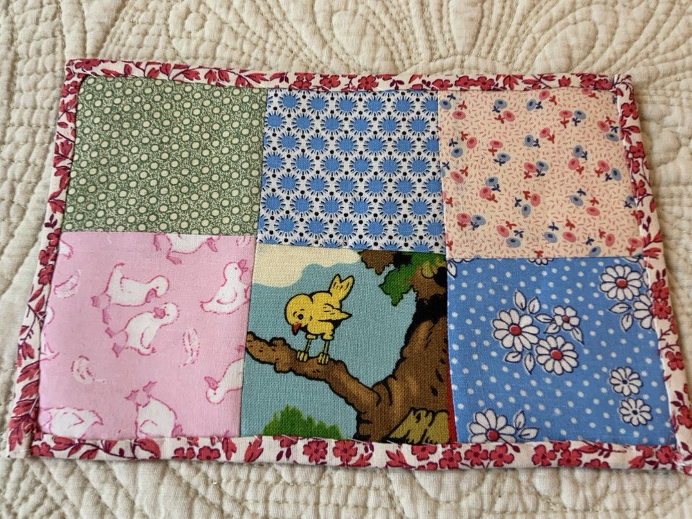 Vintage Patchwork Quilt Small Table Topper, Four Patch, Florals, Calicos
