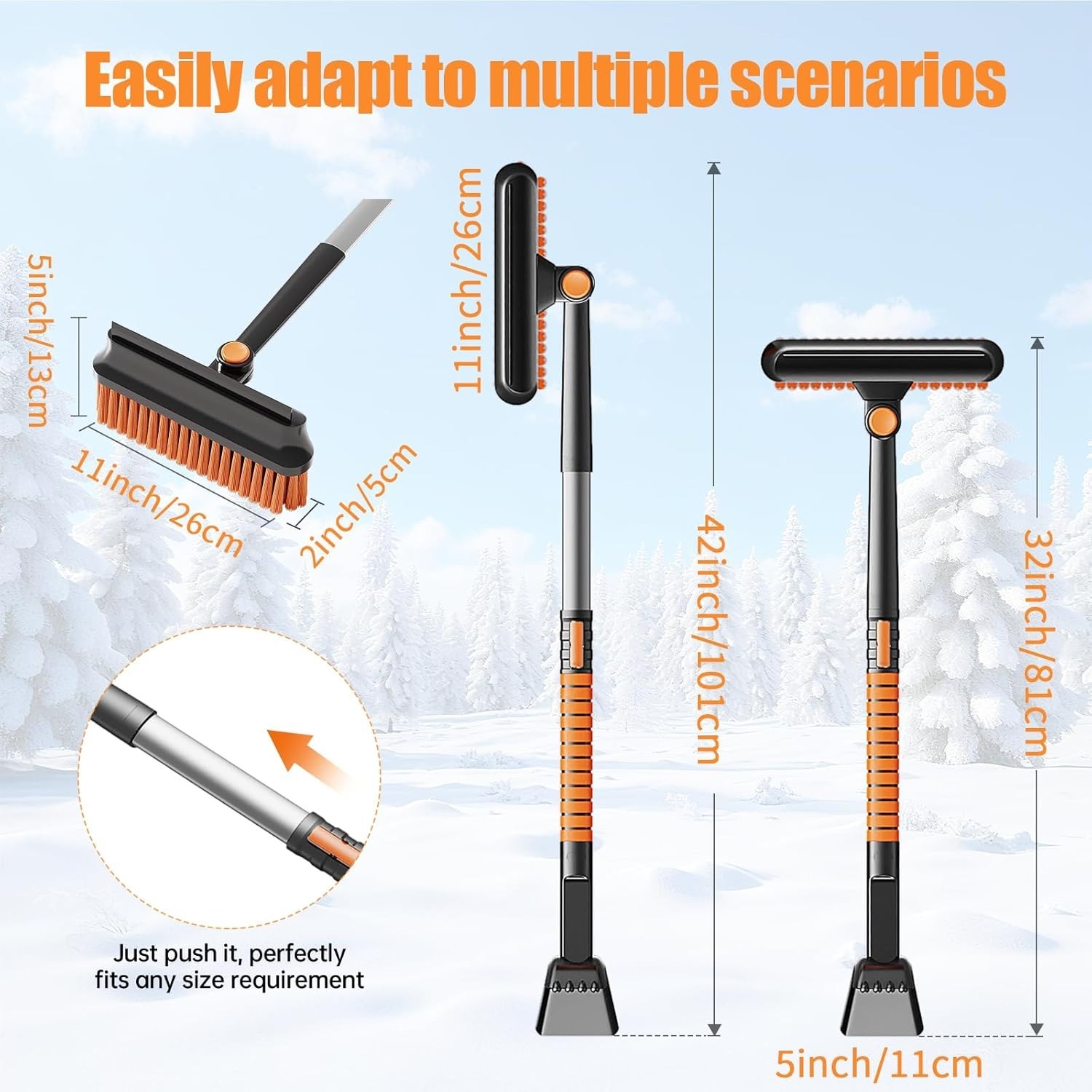 3-in-1 Snow Brush & Ice Scraper with 42” Extendable Handle