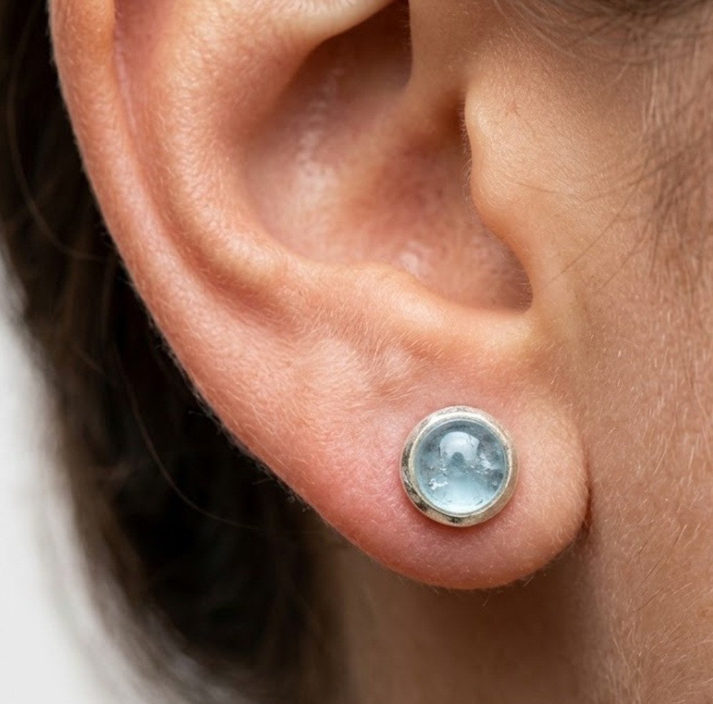 925 Solid Sterling Silver Aquamarine Round Stud Earring