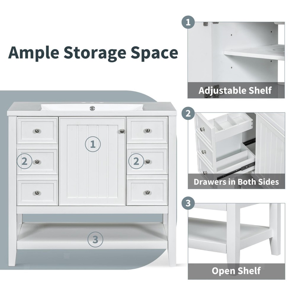 White Bathroom Vanity with 36” Ceramic Sink, Solid Wood & MDF, Ample Storage,
