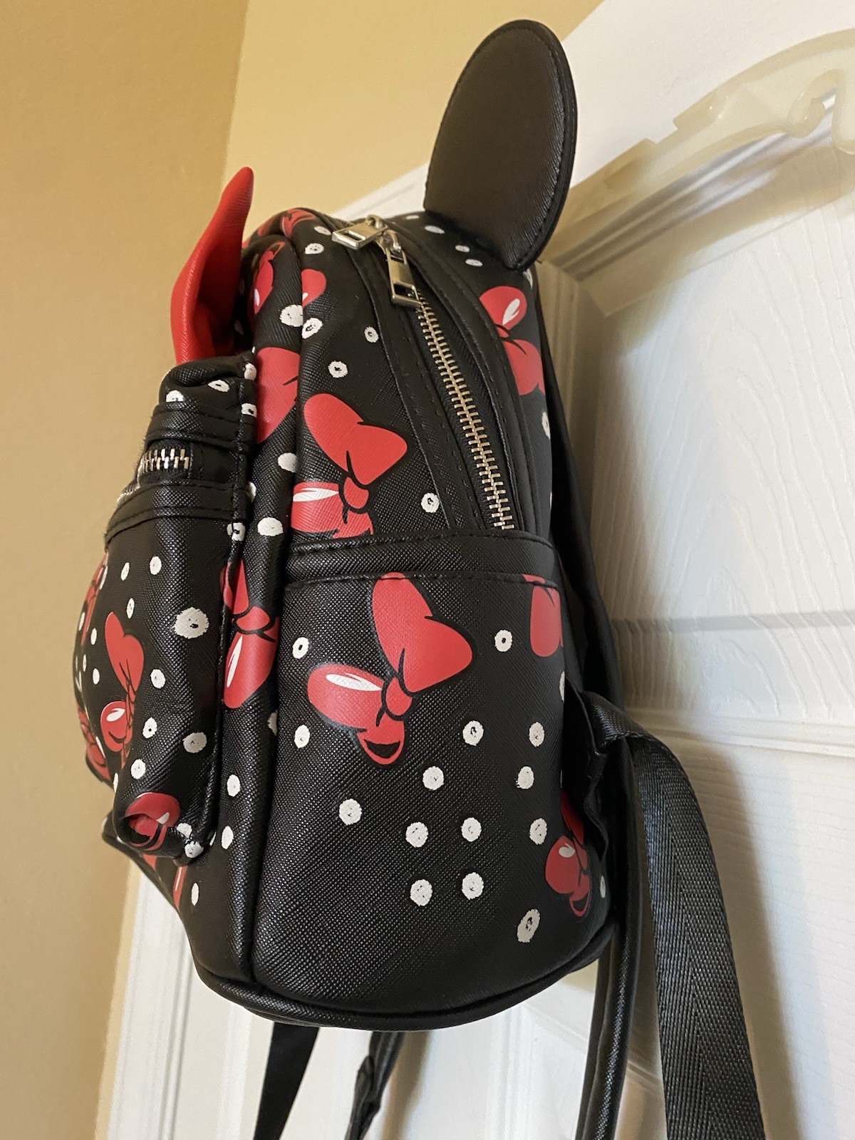 Disney Parks Minnie Mouse Mini Backpack Black Quilted Ears with Red Bow NEW