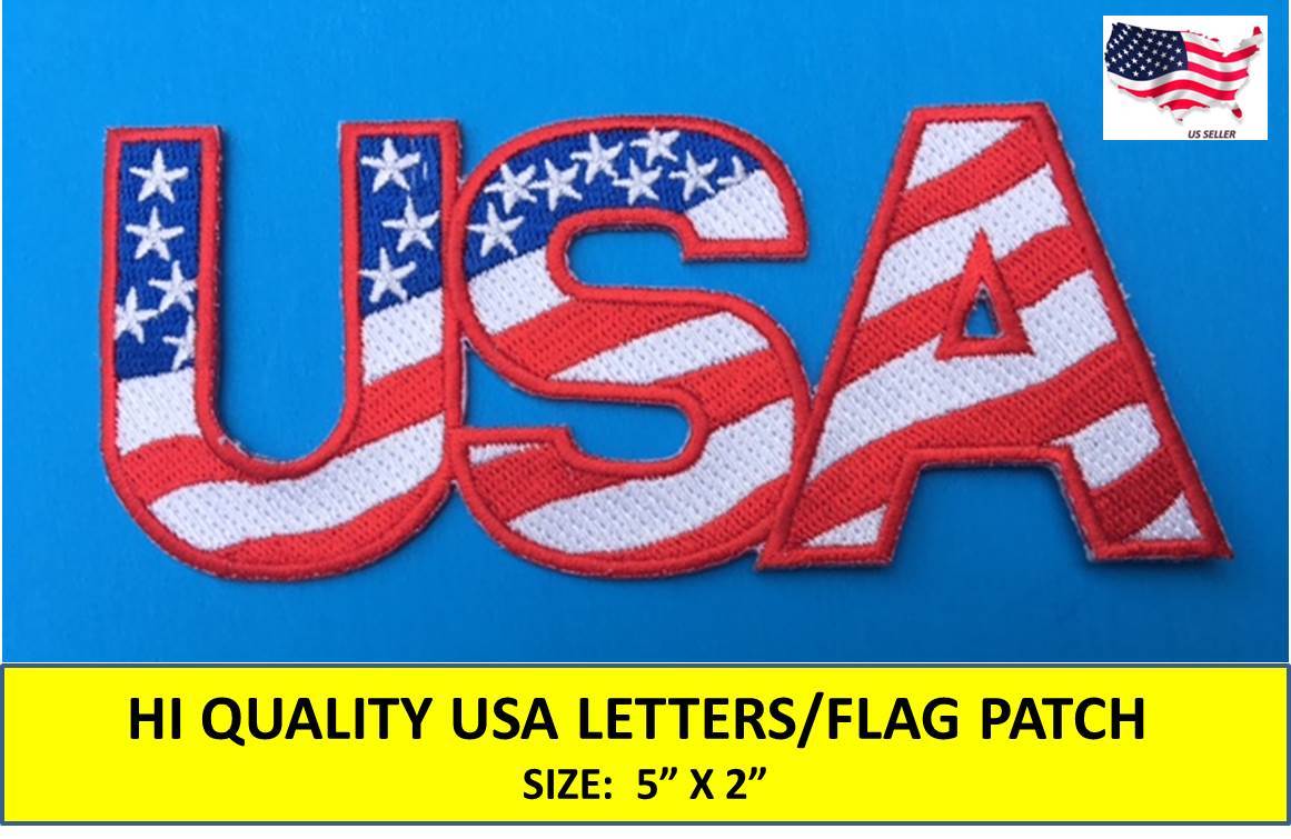 USA LETTERS AMERICAN FLAG EMBROIDERED PATCH IRON SEW-ON (5"x 2")- HIGH QUALITY!!