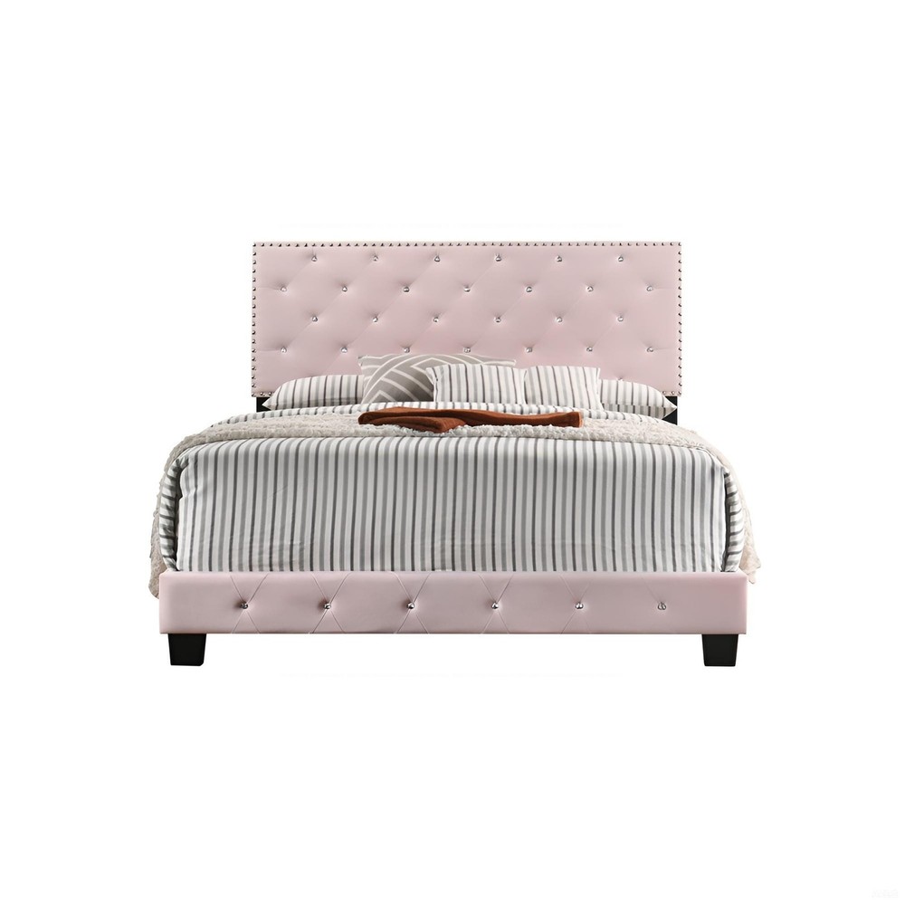 Charming Pink Transitional Queen Bed, Wooden Bed Frame with Headboard