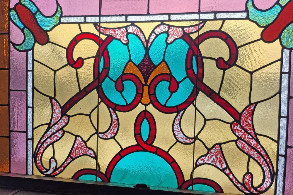 HUGE ANTIQUE STAINED GLASS DOUBLE HUNG WINDOW