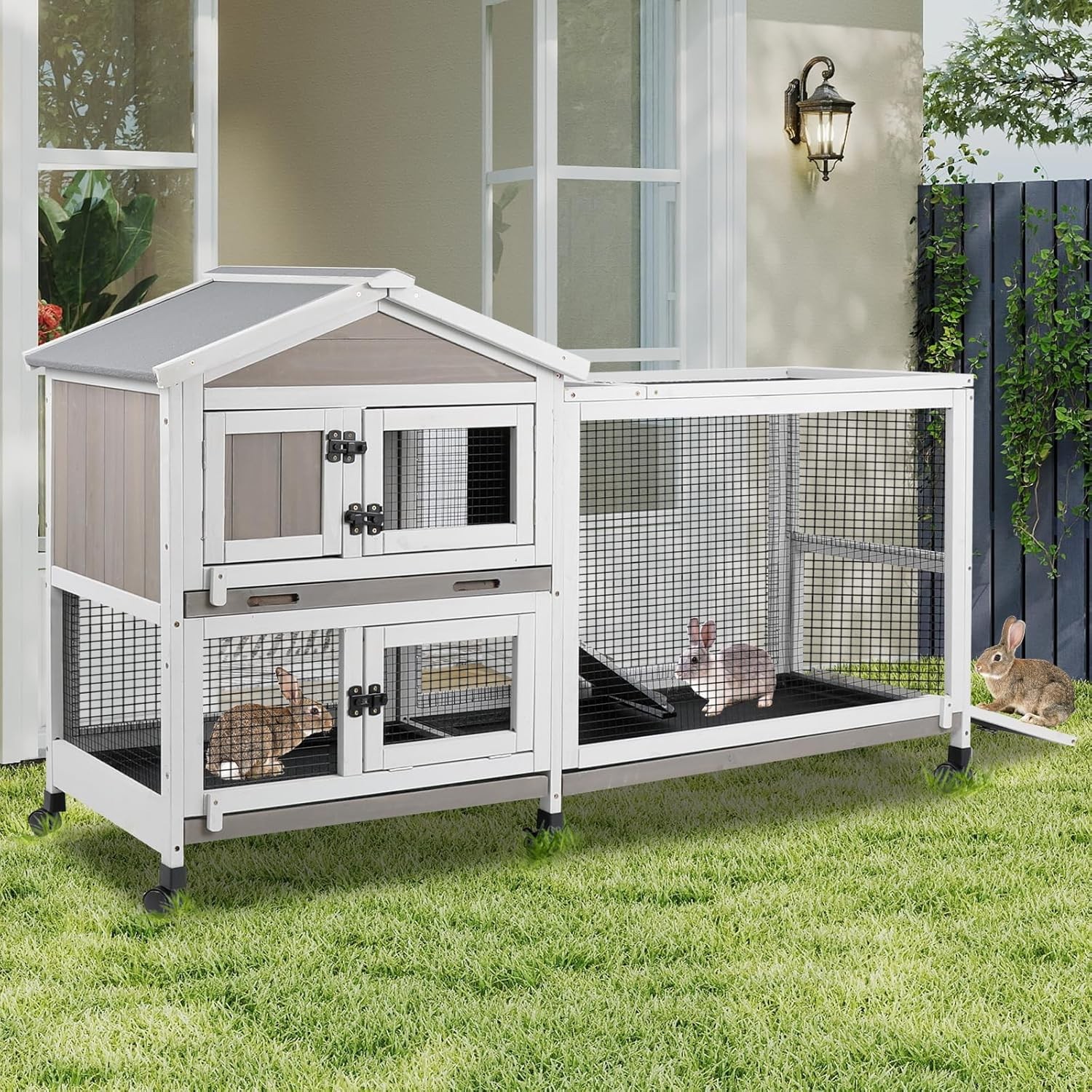 Petscosset Rabbit Hutch Outdoor Indoor Bunny Hutch 2-Story Large Rabbit Cage