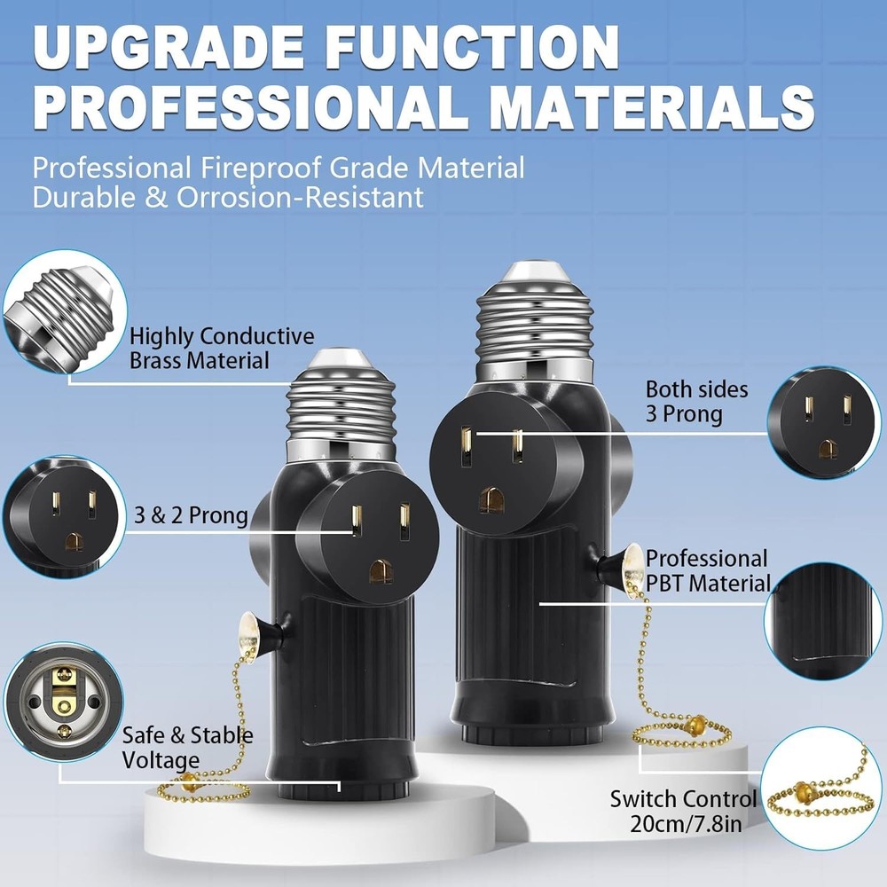 Light Socket to Plug Adapter, Both Sides Support 3 Prong Black