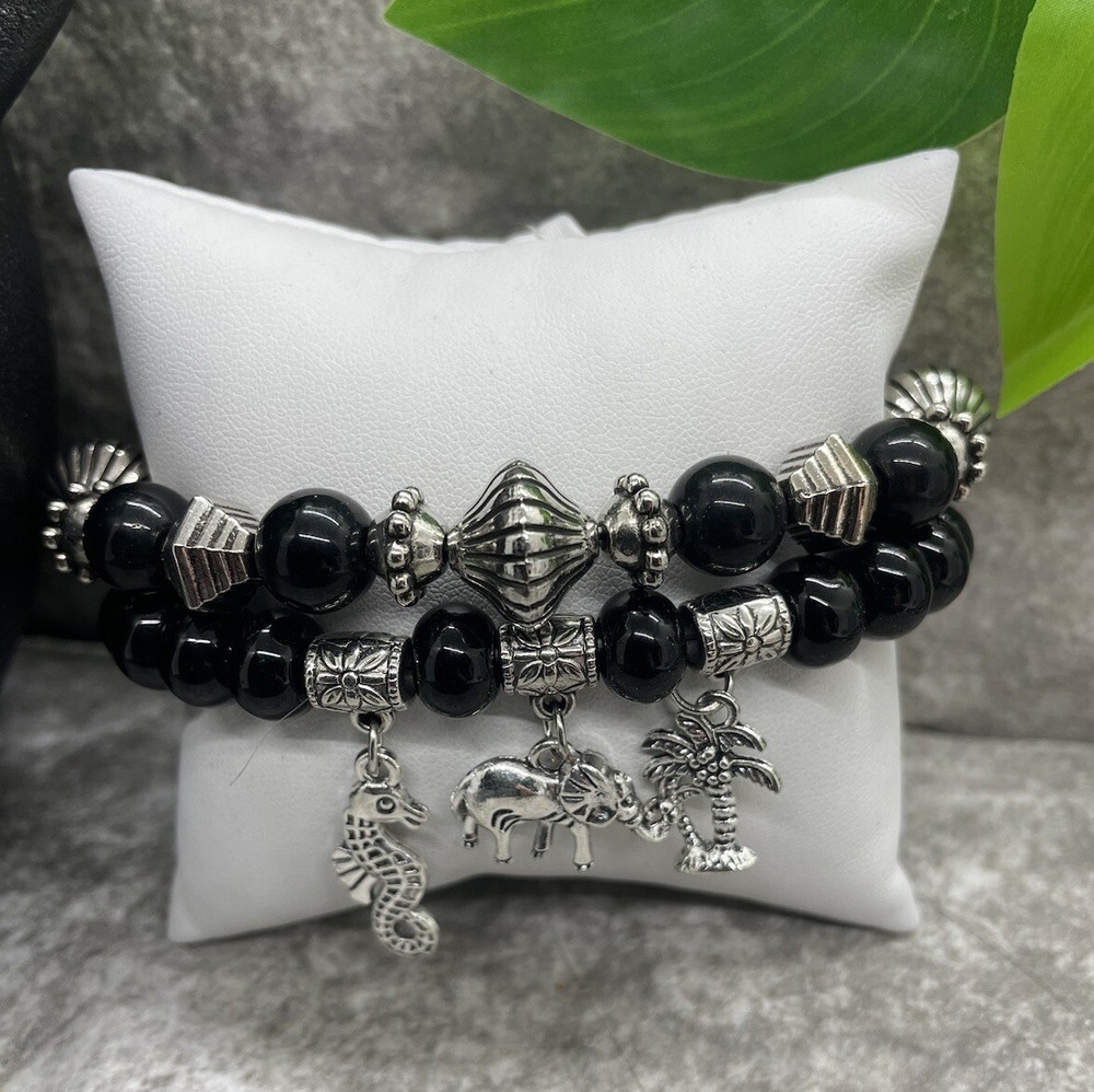 2 PC Handmade Boho Beaded Stackable 6.5” Plus Stretch Bracelet Set New B1237
