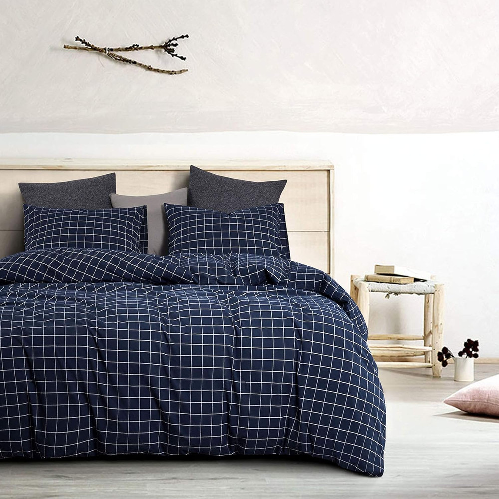 - Grid Comforter Set, Preppy Geometric Plaid Checkered Modern Pattern Printed, S