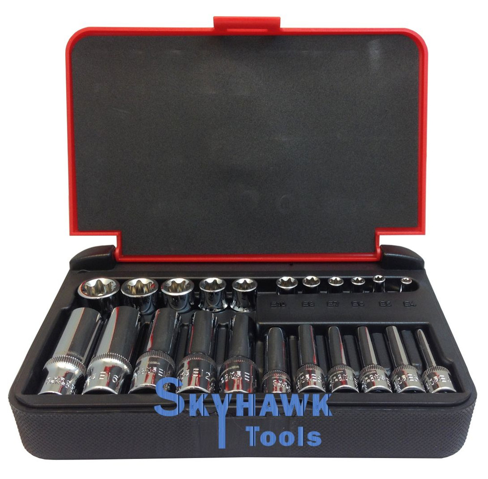 22-Pc 1/4" & 1/8" DR. Female Star TORX Socket Set E4-E10 & E11-E18 with Case