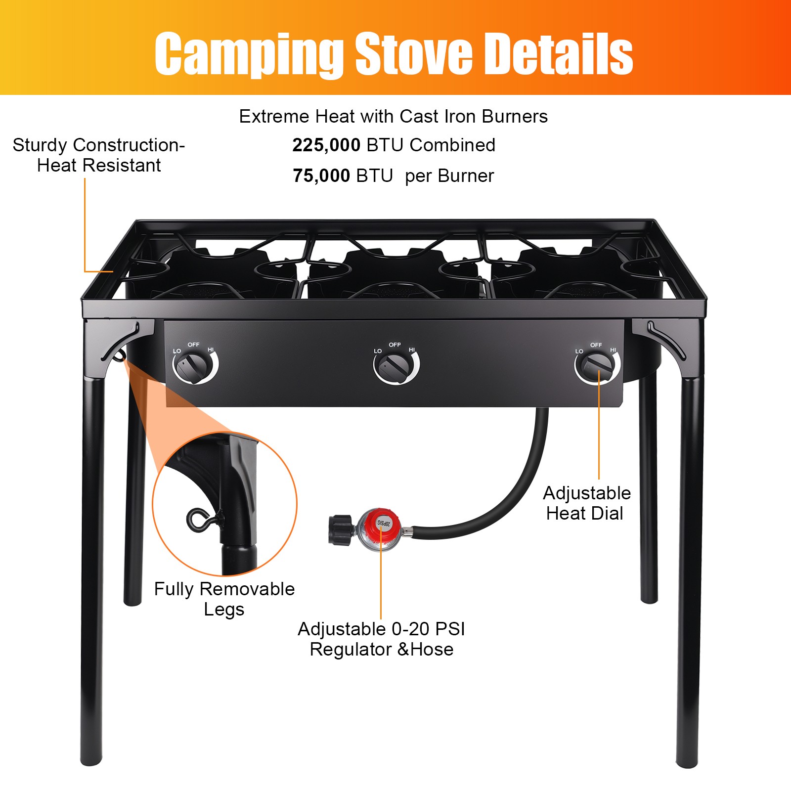 Hot 225000 BTU Propane Stove 3 Burner Gas Outdoor Portable Camping BBQ Grill US