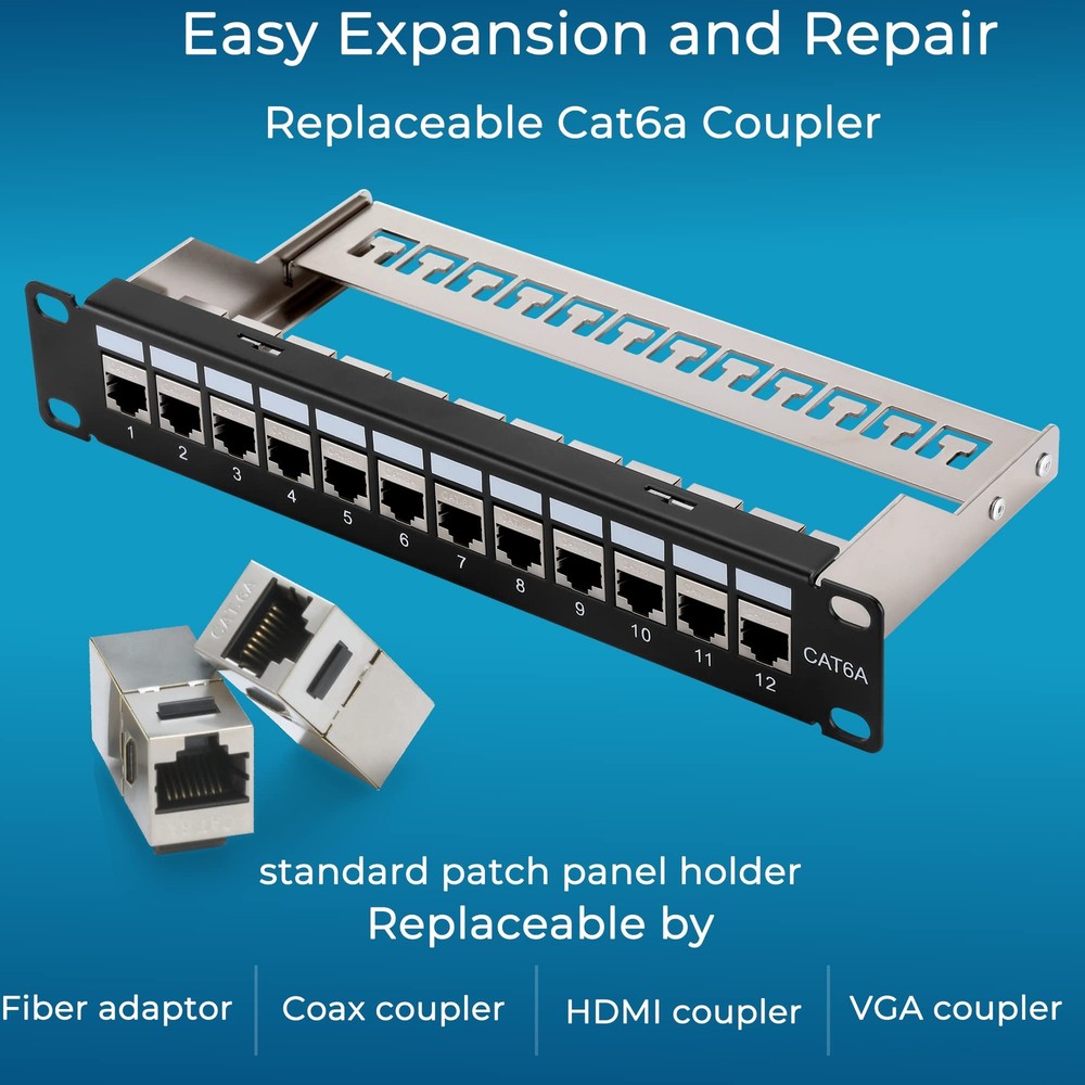 Mini 12 Port Cat6A Patch Panel with Inline Keystone 10G Support, Shielded 10-...