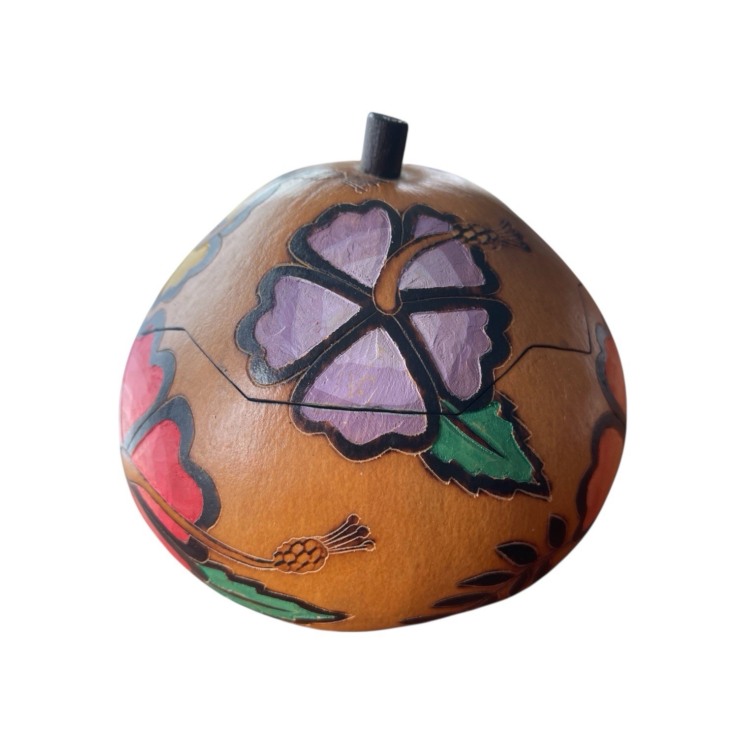 Peruvian Hibiscus Bowl Hand Carved Gourd Floral Trinket Lid Lucuma Folk Art Deco