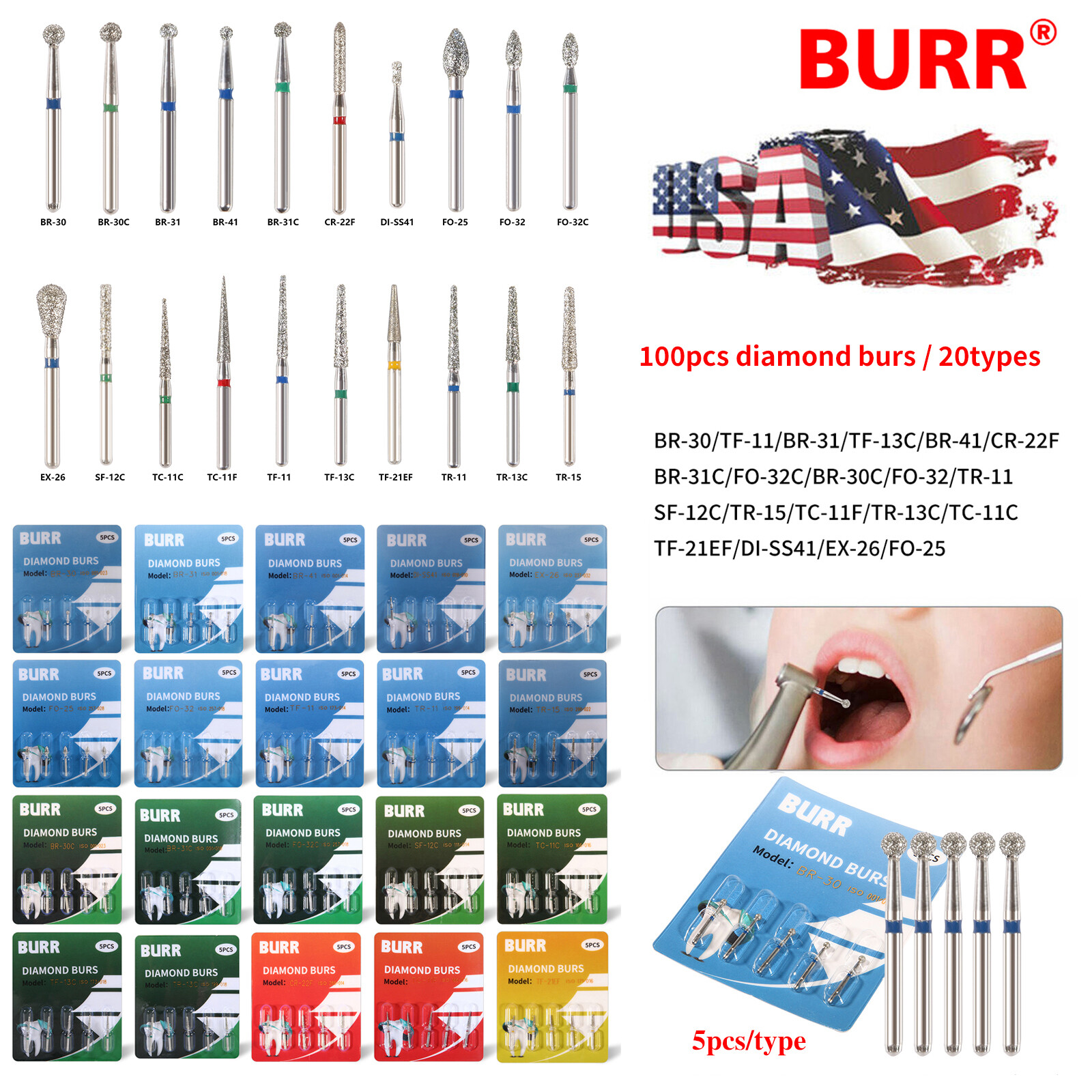 100 fresas diamante para turbina Diamond Burs dental High speed handpiece 1.6mm