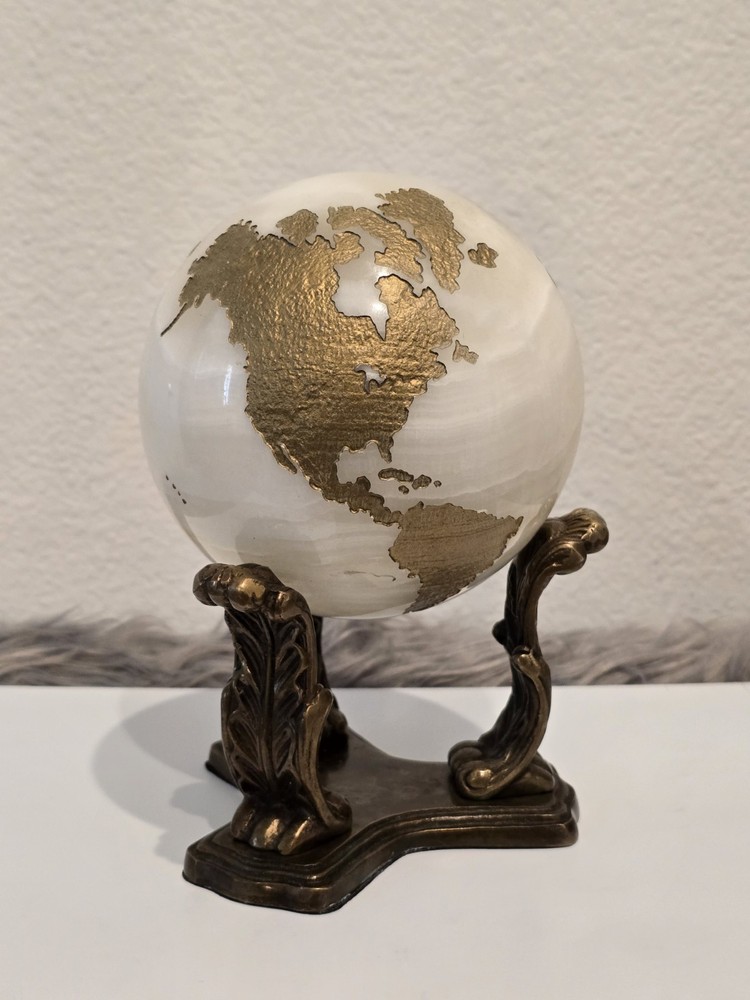 Maitland Smith Marble Stone Globe Solid White Gold With Aftermarket Base