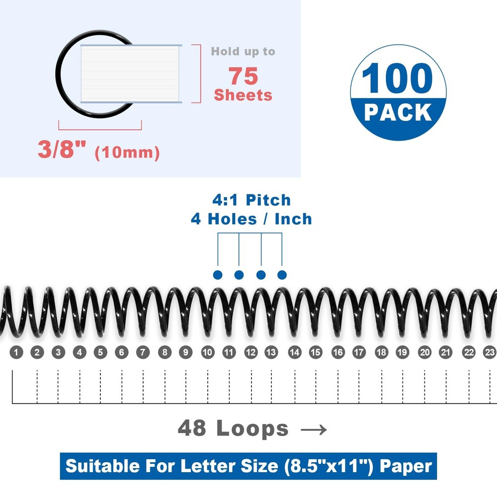 100 Pack Plastic Spiral Binding Coils 10mm3/8" 75 Sheet Black 41
