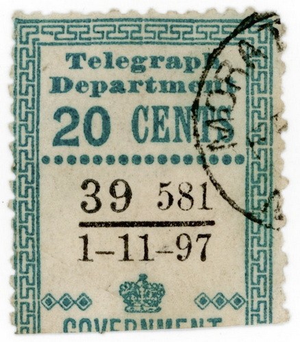 (I.B) Ceylon Telegraphs : Provisional 20c (1897)