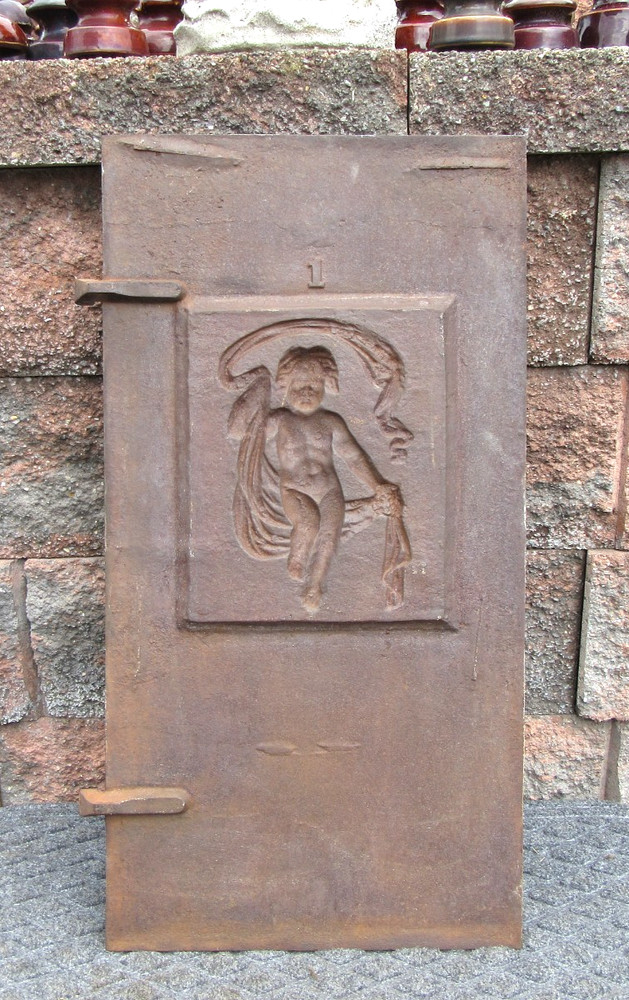 Antique Victorian Cherub Cast Iron Fireplace Insert Fireback w Gate Marks
