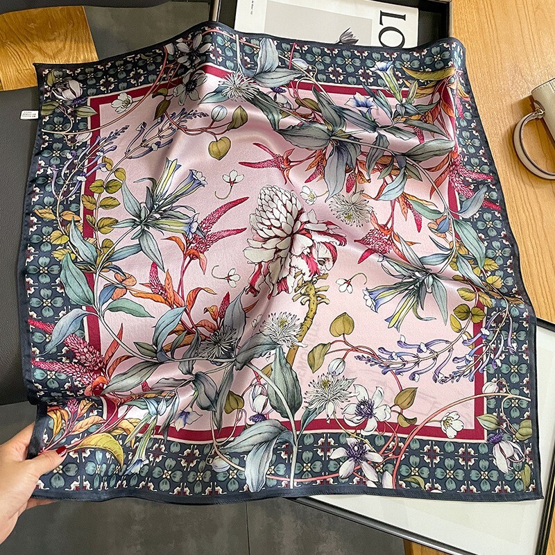 100% Mulberry Silk 27" Square Scarf Women Neckerchief Bandana Black Pink Flower