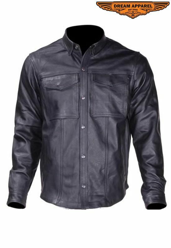 Men's Motorcycle Collared Leather Shirt w/Button Snap Closure & Multiple Pockets