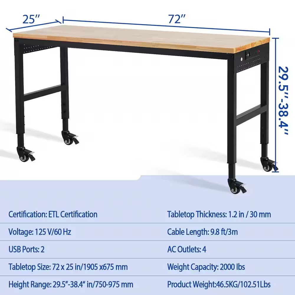 72 In. X 25 In. Adjustable Workbench 2000 Lbs. Load Capacity, Height 29.5 In. -3