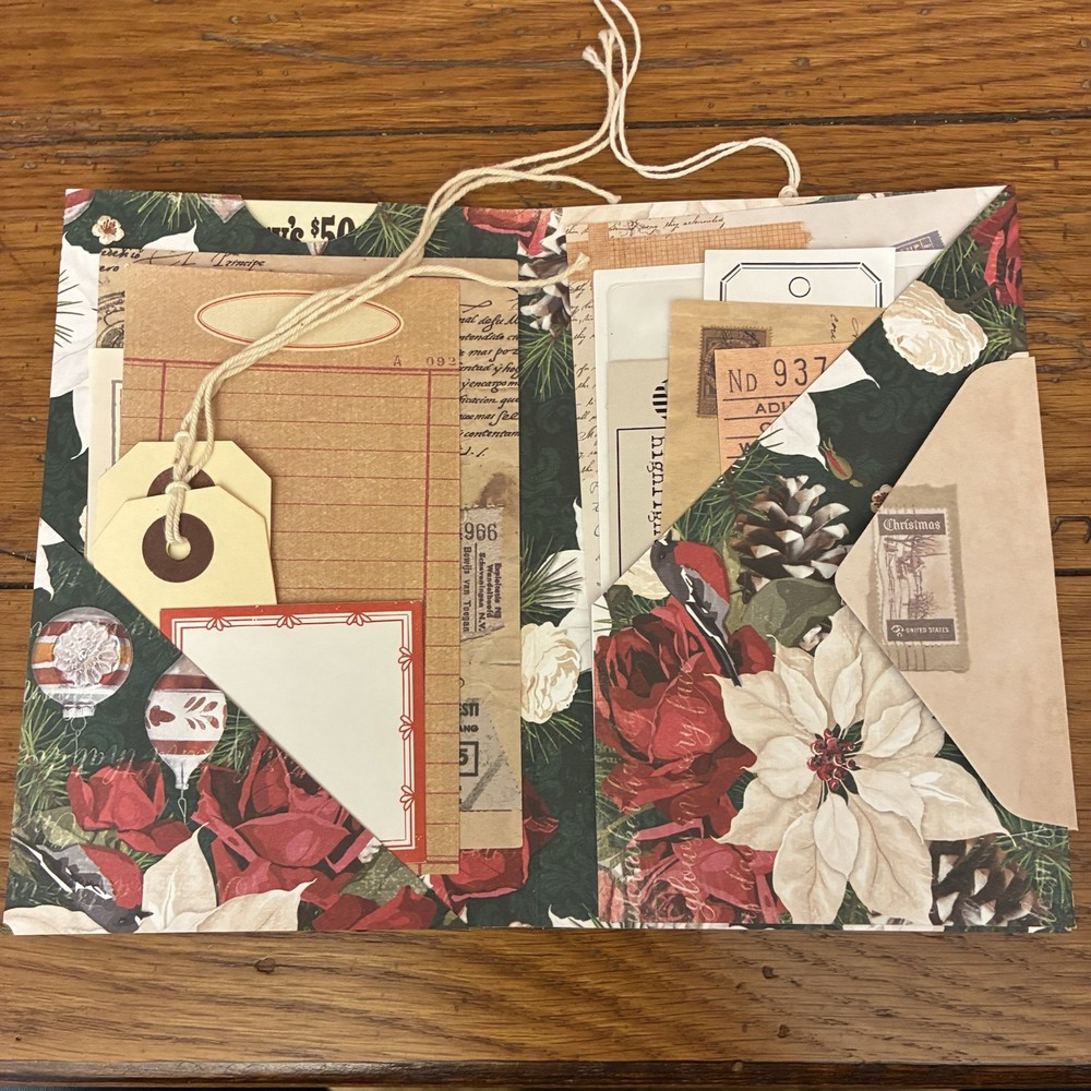 Christmas/Vtg Style Ephemera Holder + 50 Pcs Ephemera + Mini Collaged Notebook