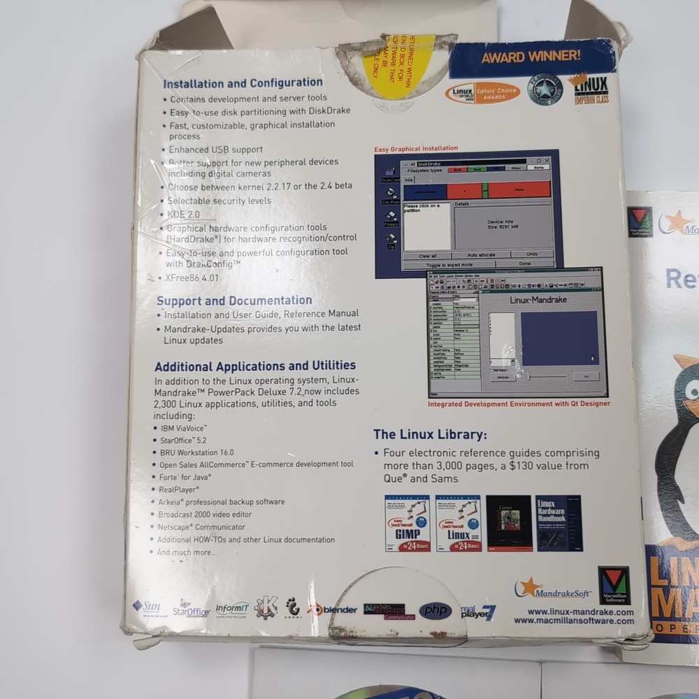 Linux Mandrake 7.2 Deluxe 2001 Operating System Software Big Box 7 CD'S Manuals