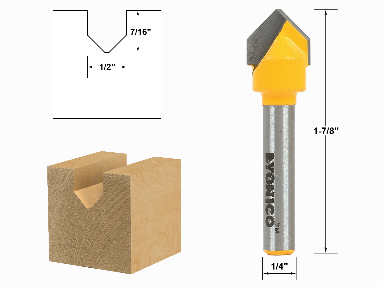90 Degree X 1/2" Dia. V Groove Flat Bottom Router Bit 1/4" Shank Yonico 14988q