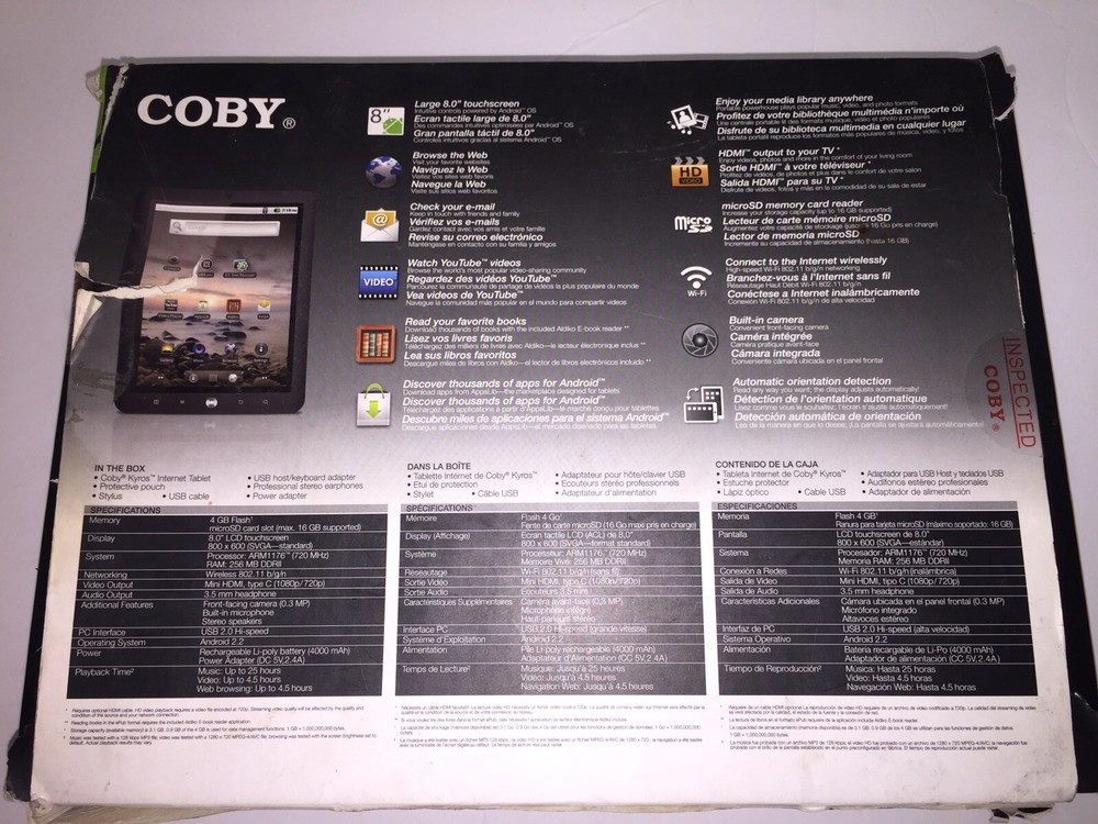 Coby Kyros 8" 4 GB Touchscreen Internet Tablet PLEASE READ ISSUE