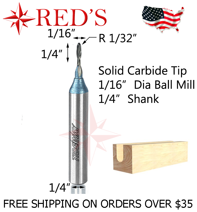 Tideway Carbide IND RC01110114B 1/16" DIA Ball Mill 1/4" shank router bit