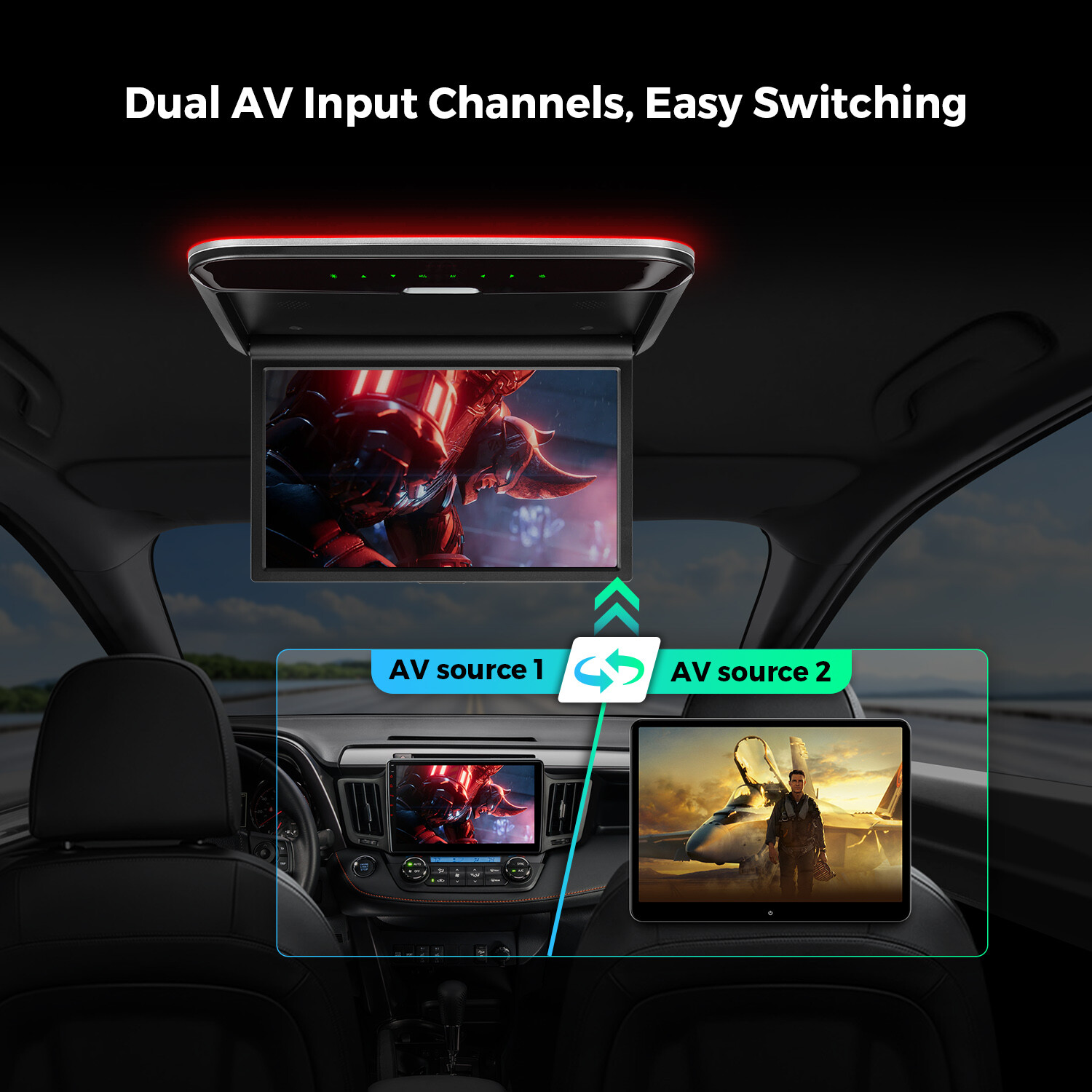 14" HD Screen Car TV Roof Flip Down Monitor 1080P Speakers HDMI AV-IN IR/FM