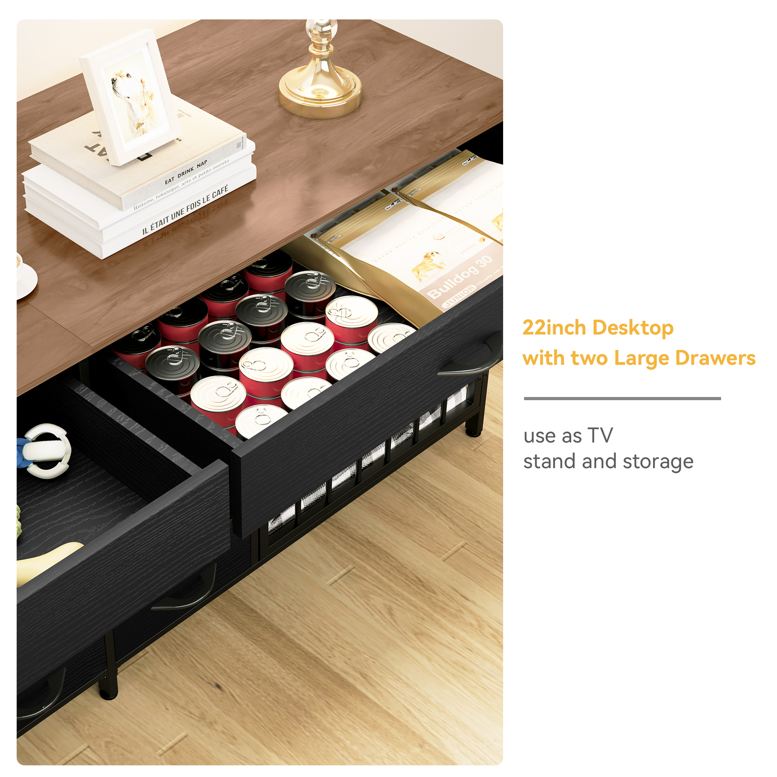 Indoor wooden kennel for 2 dogs Large dog crate furniture TV stand w/ dog feeder