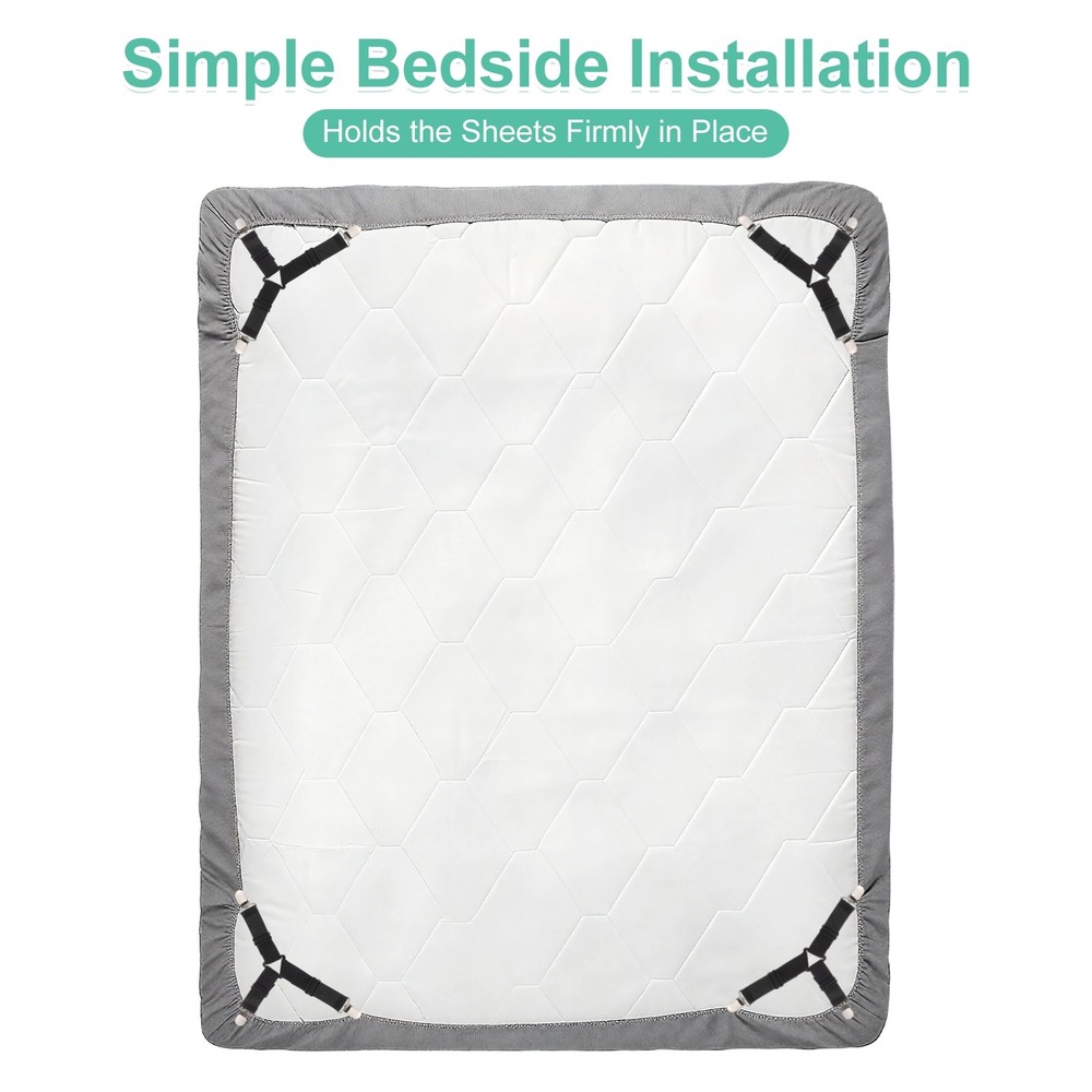 4Pcs Bed Sheet Holder Straps Elastic Adjustable Black Buckle, White