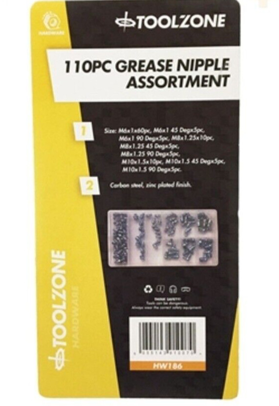Toolzone 110pc Grease Nipples Assorted Sizes Includes 45 & 90 Degree HW186